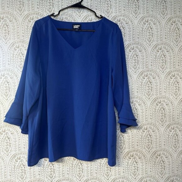 Lands End Womens 18w Blue Blouse 3/4 Double Flutter Sleeve Plus Sized - Picture 1 of 5